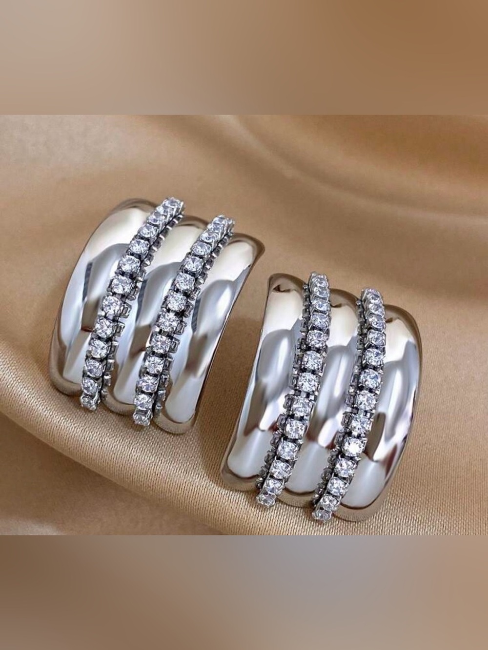 Polished Silver-Tone Hoop Earrings with Crystal Rows